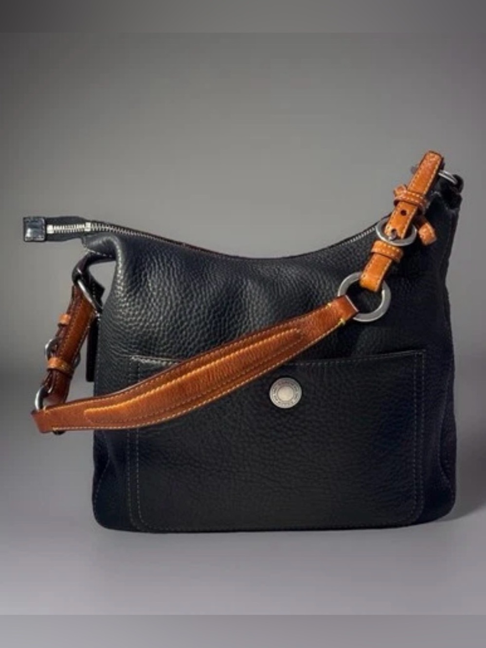 COACH Hobo Black Pebbled Leather Bag/Purse Brown shoulder Strap Zip Close